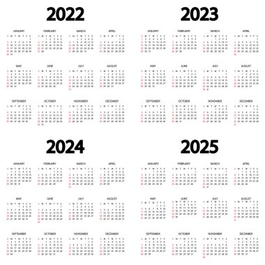 Takvim 2022, 2023, 2024, 2025. Hafta pazar günü başlıyor. Yıllık takvim şablonu. Yıllık İngiliz takvimi. Minimum tasarımda yıllık organizatör. Portre oryantasyonu. Vektör