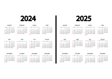 Takvim 2024, 2025. Hafta pazar günü başlıyor. Yıllık takvim şablonu. Yıllık İngiliz takvimi. Minimum tasarımda yıllık organizatör. Portre oryantasyonu. Vektör
