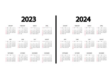 Takvim 2023, 2024. Hafta pazar günü başlıyor. Yıllık takvim şablonu. Yıllık İngiliz takvimi. Takvim tasarımı siyah beyaz renklerde, tatiller kırmızı renklerde. Vektör