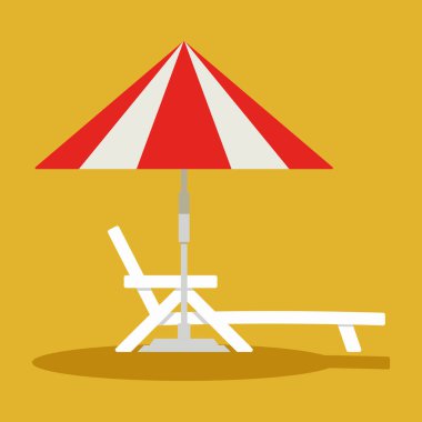 Güverte sandalyesi, dinlenme odası ya da plaj şemsiyeli güneş yatağı. Plaj ya da havuz şemsiyesi, güneş yatağı ve kırmızı beyaz renkler. Sarı arka planda izole edilmiş deniz kenarında bir tatilin sembolü.