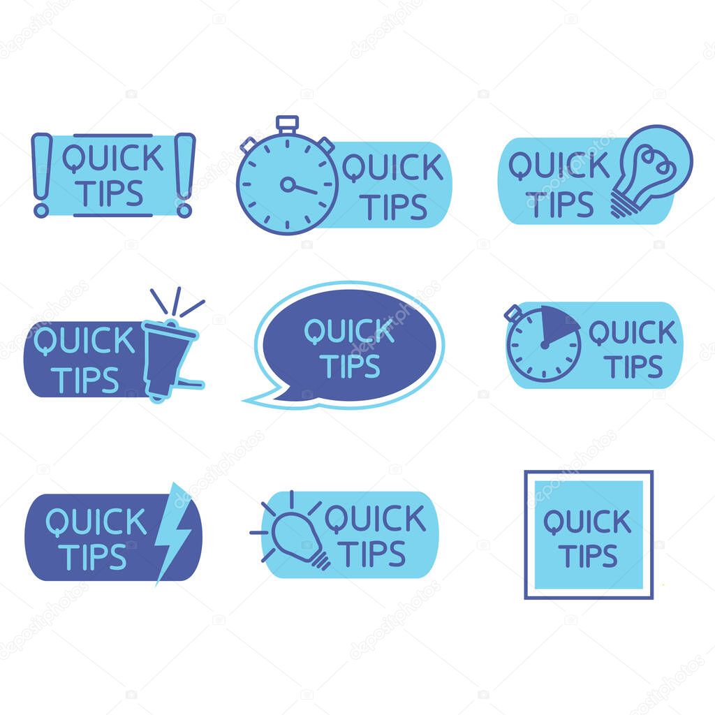 Tips tricks, helpful tricks, tooltip, hint for website. Set of quick tips solution, helpful advice, text shapes. Vector icon of solution, advice. Helpful idea, blue color icons Vector