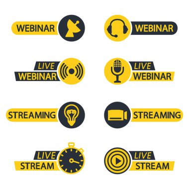 Canlı webinar ve akış düğmesi simgeleri. Video konferansı için düz simgeler, webinar, video sohbetleri, çevrimiçi kurs, uzaktan eğitim, video konferans, konferans, canlı yayın. Gerçek zamanlı yayın