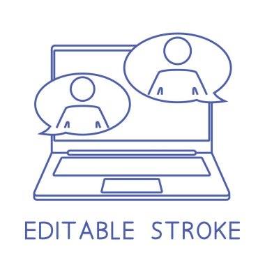 Canlı Webinar taslak simgesi. İnsanlı dizüstü bilgisayar ve video konferans için konuşma balonu, webinar, video sohbetleri, çevrimiçi kurs, video konferansı. Çevrimiçi iletişim, sohbet. Müşteri desteği