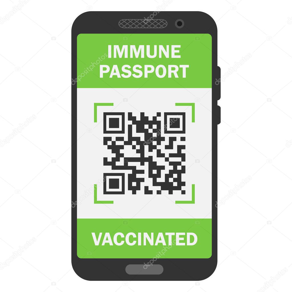 Travel immune passport in mobile phone. Covid-19 immunity certificate for safe traveling or shopping. Electronic health passport with QR code. Immunity digital document from coronavirus