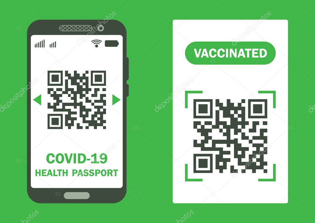 Paper and digital document to show that a person has been vaccinated with the Covid-19 vaccine. Covid-19 immunity certificate for safe traveling. Electronic and paper health passport with QR code