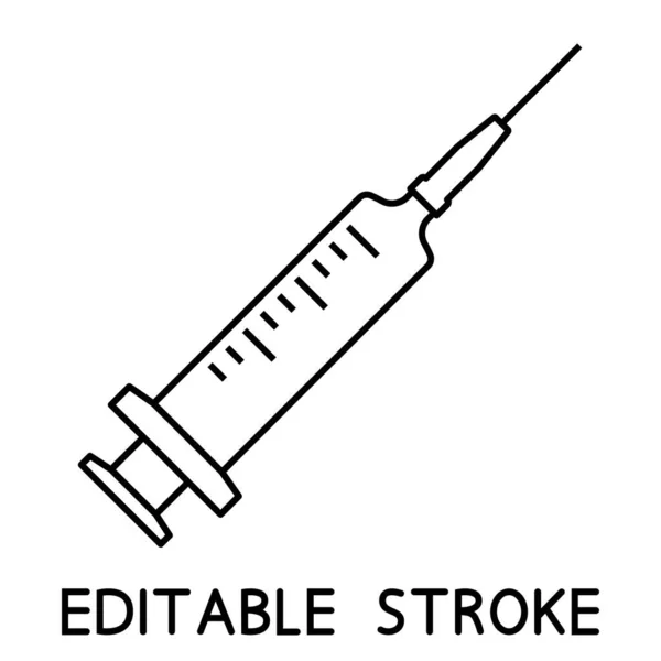 Seringue Médicale Icône Injection Aiguille Dans Les Contours Ligne Mince — Image vectorielle