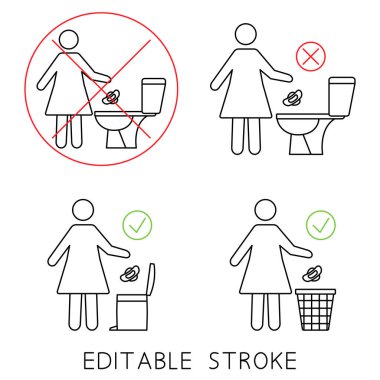 Hijyenik havluları tuvalete atıp sifonu çekme. Eşyalarınızı lavaboya atmayın. Lütfen kağıt havluları, hijyenik ürünleri, ikonları tuvalete atmayın. İçki yasağı simgeleri. Tuvaletteki kirliliği durdurun. Vektör