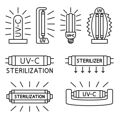 Ultraviyole, dezenfekte lambası. İçinde ultraviyole cihazlar olan ambalaj işaretleri için bilgi işaretleri. Bir çift ultraviyole lamba. UV-C sterilizatör ve dezenfeksiyon cihazları. Düzenlenebilir felç. Vektör satırı simgeleri