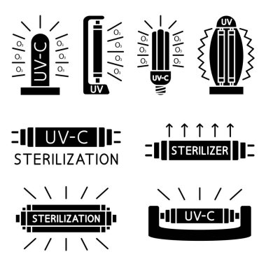 Bakteriyel ultraviyole lamba. Ev, klinik ve hastane için tıbbi antimikrobik cihaz. Verimli ampul. Ultraviyole ışık, havayı ve yüzeyleri iki kez sterilize eder. UV-C sterilizatörü. Vektör sembol simgeleri