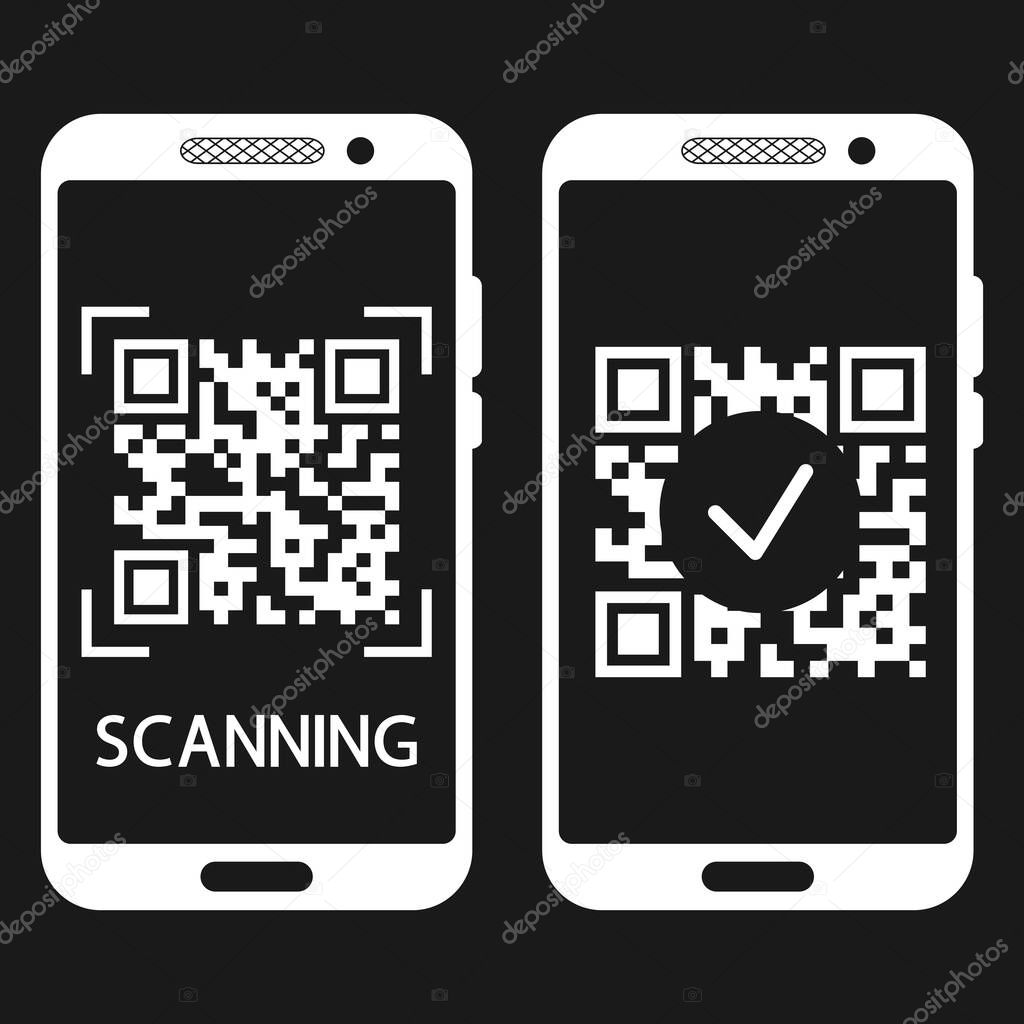 Scan QR code with mobile phone. QR code scans completed. Machine-readable barcode on smartphone screen. Verification or payment concept. Vector illustration isolated on black background