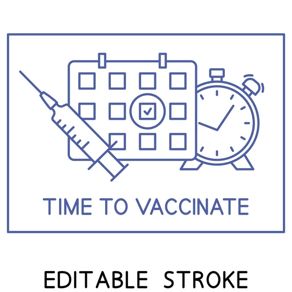 疫苗接种时间表线图标 是时候接种疫苗了免疫概念 注射器 日历和闹钟 第二个注射时间符号 保健和保护 医疗护理 — 图库矢量图片