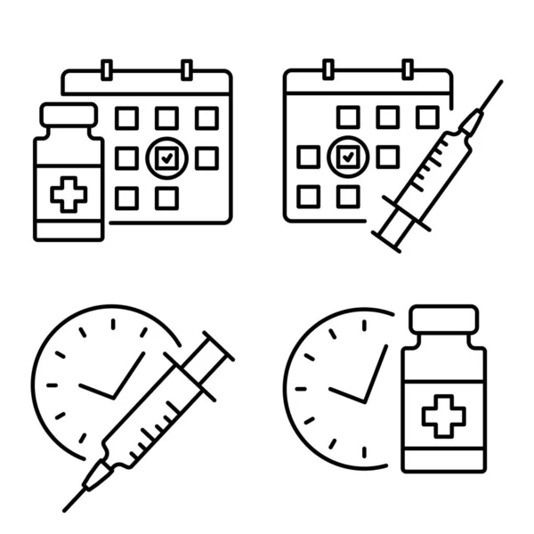 Medische Injectieflacon Spuit Met Timer Vaccinatie Schema Lijn Pictogram Tweede — Stockvector