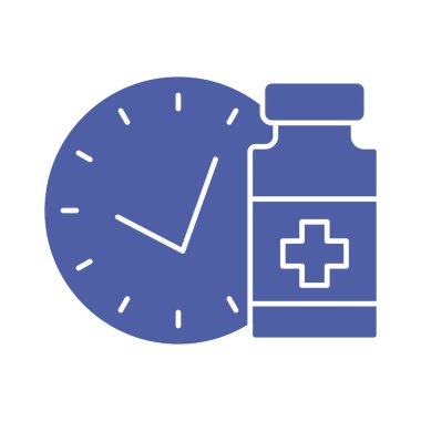 Zamanlayıcı ile tıbbi şişe. Aşı çizelgesi simgesi. Aşı zamanı. Bağışıklık konsepti. Sağlık ve koruma. Antiviral tıbbi konsept. Vektör