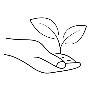 Elde yaprak yetişiyor. Topraktaki genç bitkilere yardım ediyor. Doğal tarım ürünleri, organik gıdalar, vegan ürünler için kullanılabilir. Dünya günü konsepti. Çevre koruma kavramı. Vektör