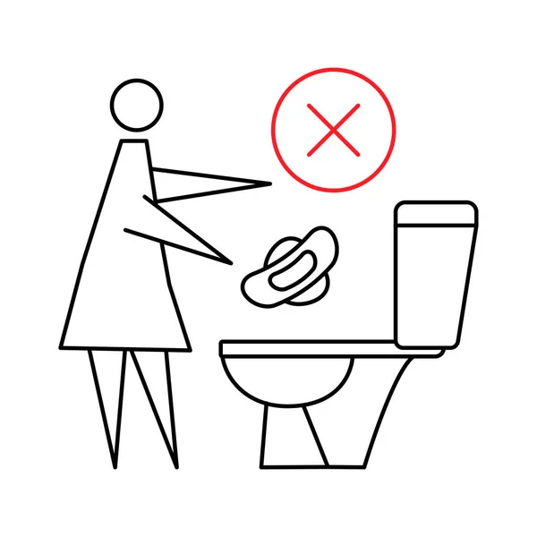 トイレに生理用タオルを流さないでください 便所の下に物を投げるな 女性の衛生パッド 禁止記号をフラッシュします トイレの汚染を止めなさい 編集可能なストローク ベクトル — ストックベクタ