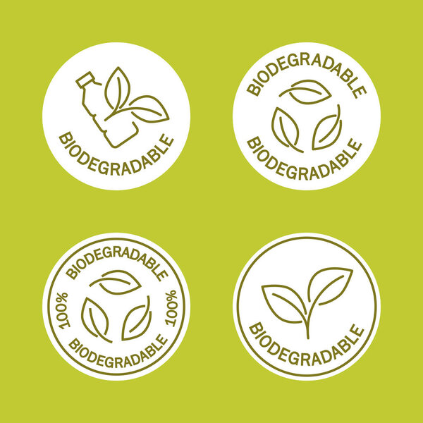Biodegradable icons. Icon of plastic bottle with green leaves. Turns to plant concept. Eco friendly compostable material production. Zero waste, nature protection concept. Vector
