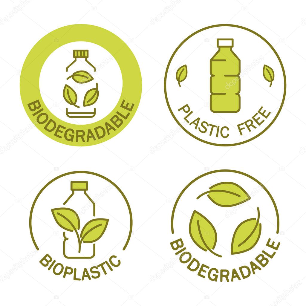 Biodegradable. Icon of plastic bottle with green leaves. Plastic free stamp. Eco friendly compostable material production. Zero waste, nature protection concept. Vector