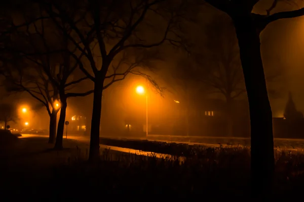 Street på en dimmig natt lättat upp — Stockfoto