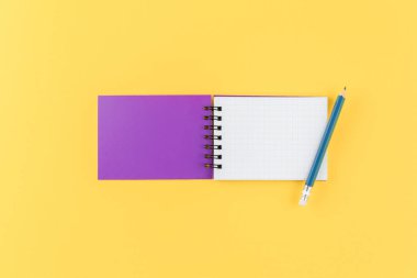 Sarı arka planda düz bir kalem ile dizüstü bilgisayar.