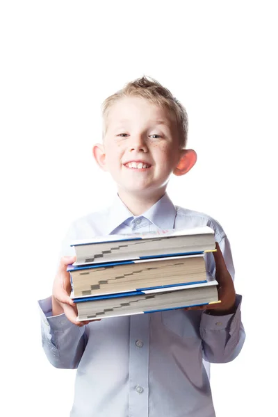 Jongen met boeken in handen, portret — Stockfoto