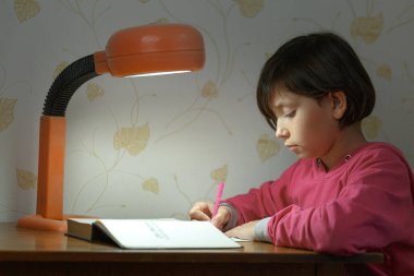 Güzel kız defterine kalemle yazar.