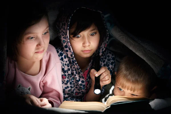Kinderen die boeken lezen onder de omslagen — Stockfoto