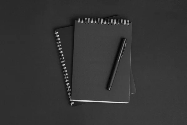 Δύο μαύρα σπειροειδή σημειωματάρια και μεταλλικό στυλό. — Φωτογραφία Αρχείου