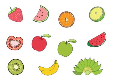 Beyaz arkaplan illüstrasyon vektörü üzerinde karpuz portakallı limon elma kırmızı elma yeşil KiwiStrawberry ve muz meyvesi