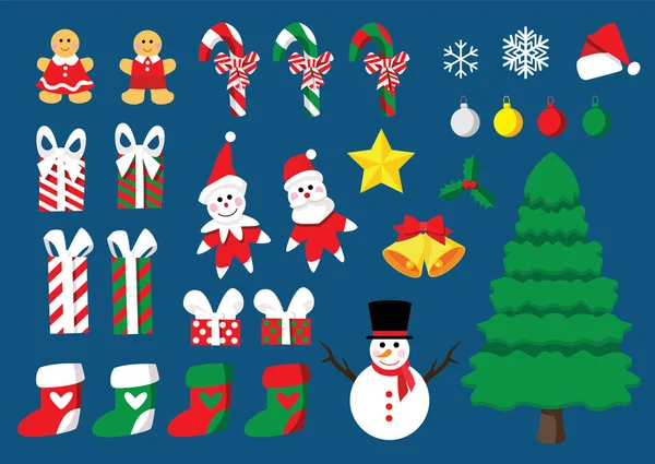 Рождественские Иконы Зимние Установить Рождественские Украшения Квартире Дизайн Изолированы Синем — стоковое фото