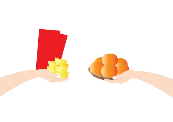 Envelope Vermelho Laranja Fruta Yuan Bao Ouro Mão Sobre Fundo — Fotografia de Stock