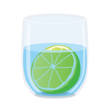 Beyaz arkaplan illüstrasyon vektöründe izole edilmiş bardaktaki limon yarım top