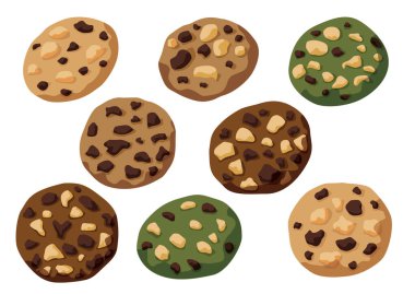 Kurabiye, çikolata ve yeşil çay, vanilya, beyaz arkaplan illüstrasyon vektörü üzerine kahve. 