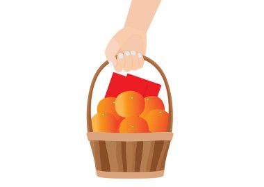 Beyaz arkaplan illüstrasyon vektörü Çin yeni yılı ya da ay yeni yılı konsepti üzerinde septte kırmızı ve turuncu meyveler. 