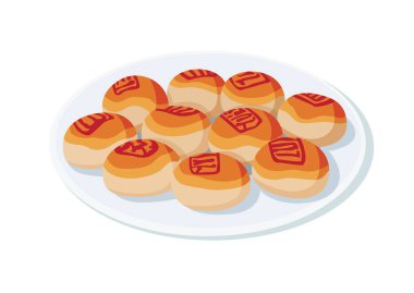 Çin ay pastası, tabakta tatlı fasulye ve tuzlu yumurta. Ay çöreği ya da Çin hamur işi beyaz arka planda mung fasulyesi ezmesi ve tuzlu yumurta ile dolu. Beyaz arkaplan illüstrasyon vektörü