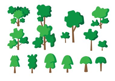 Beyaz arkaplan illüstrasyon vektöründe izole edilmiş yeşil ağaç taze set koleksiyonu