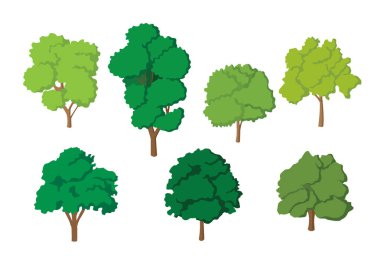 Beyaz arkaplan illüstrasyon vektöründe izole edilmiş yeşil ağaç taze set koleksiyonu