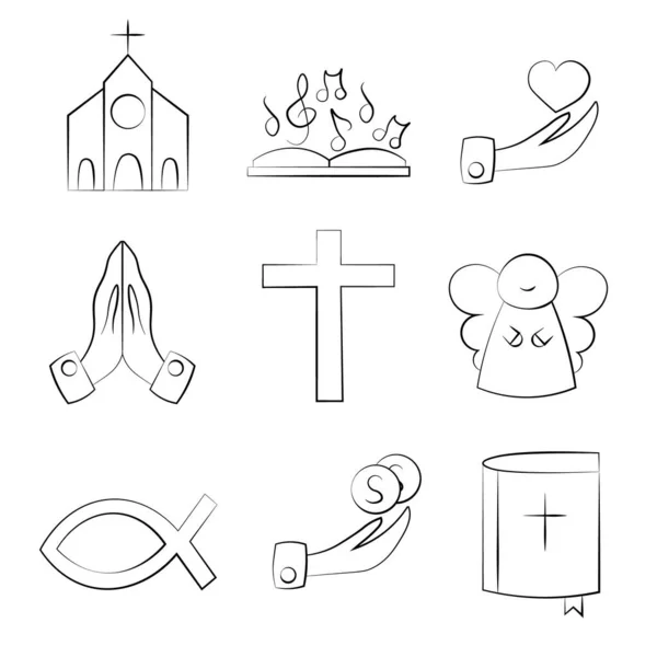 Ensemble d'icônes religieuses en noir et blanc — Image vectorielle