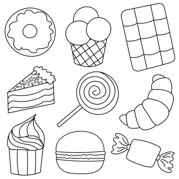 Iconos sobre el tema de los dulces en blanco y negro — Vector de stock