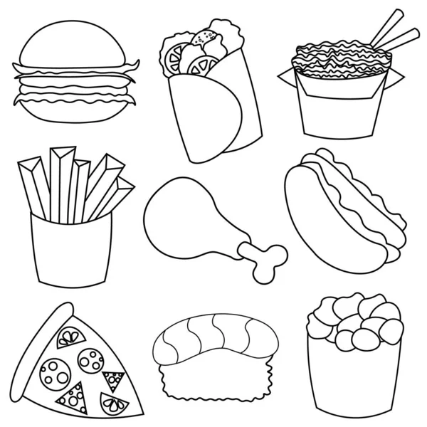 Iconos sobre el tema de la comida rápida en blanco y negro — Vector de stock