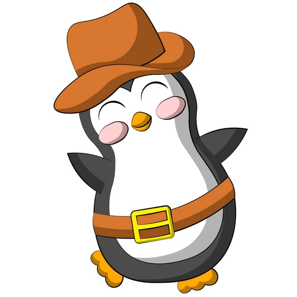 Söt tecknad Penguin Cowboy. Rita illustration i färg — Stock vektor