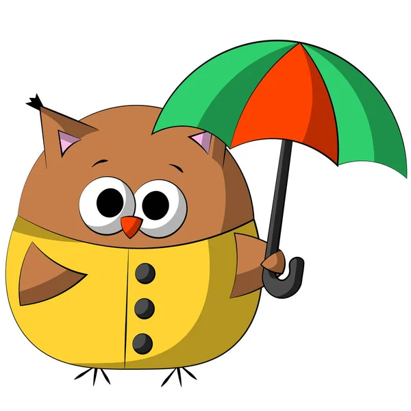 Cute Sowa kreskówki w płaszczu przeciwdeszczowym z parasolem. Rysuj ilustrację w kolorze — Wektor stockowy