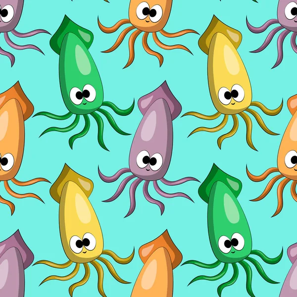 Seamless vector pattern with color cute cartoon squid — Stock Vector