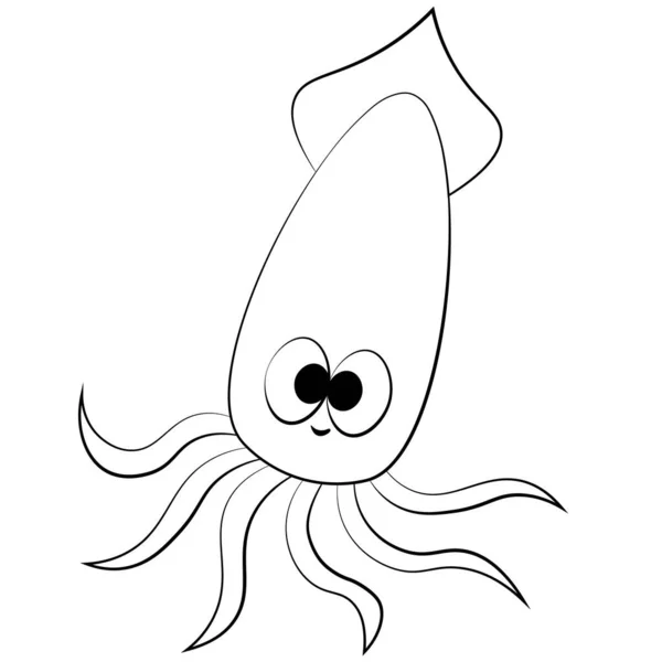 Roztomilá karikatura Squid. Kreslit ilustraci černou a bílou — Stockový vektor