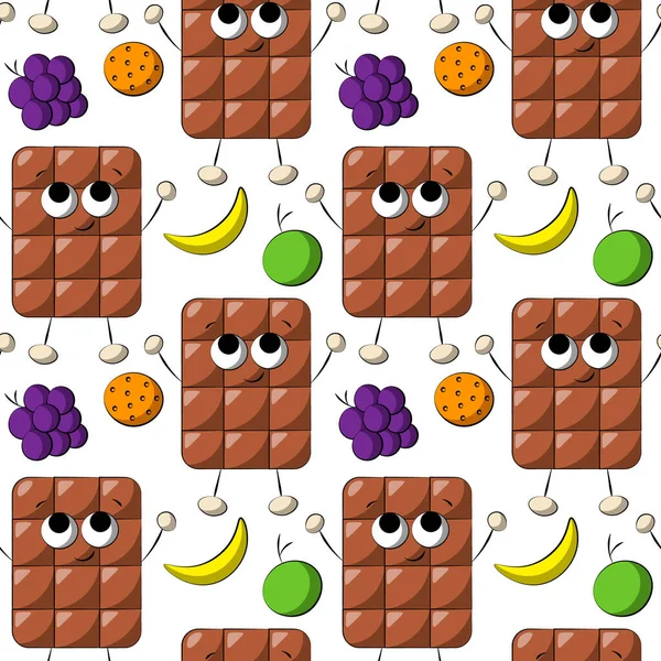 无缝线矢量图案与可爱卡通巧克力与水果 — 图库矢量图片