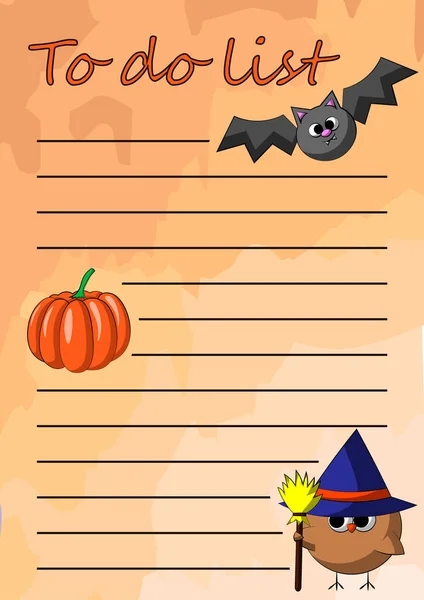 Cheeck Para fazer a lista com coruja halloween, abóbora e morcego —  Vetores de Stock