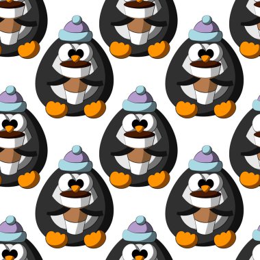 Kahve fincanı olan sevimli penguenli kusursuz vektör deseni.