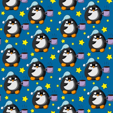 Tatlı bir çizgi film karakteri olan kusursuz vektör deseni. Uyuyan penguen ve yıldız.