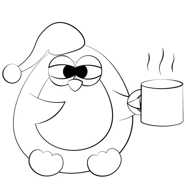 可爱的卡通企鹅与杯子和睡帽。用黑白勾画出图解 — 图库矢量图片