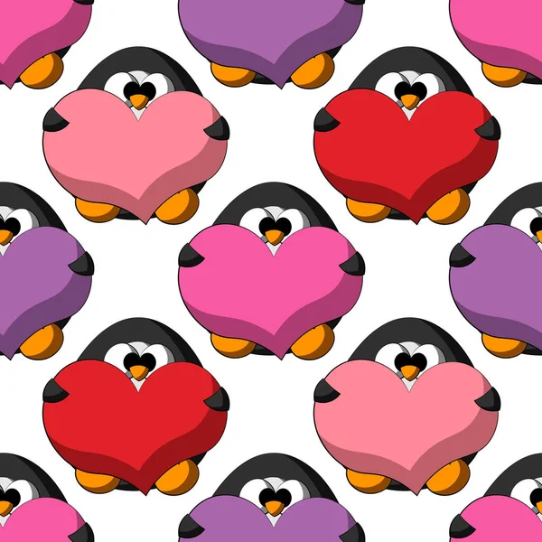 Patrón de vector sin costuras con lindo pingüino de dibujos animados con corazón — Vector de stock