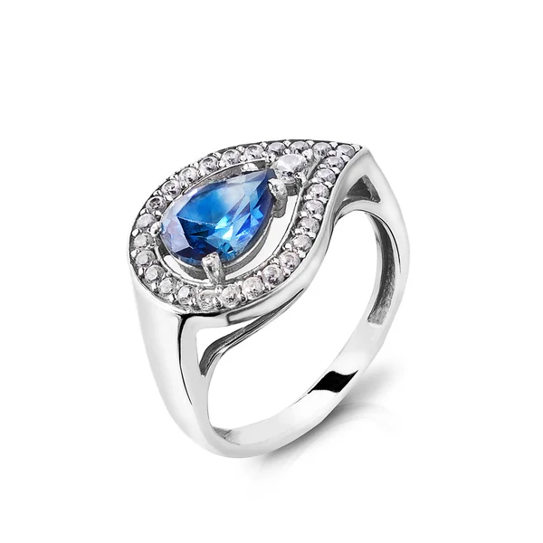 Jewelry. Silver ring with a sapphire — Stock Photo, Image